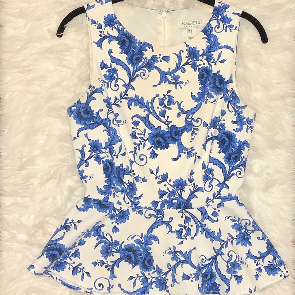 White and blue peplum Top